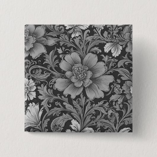 Monochromes Vintage-Blumenmuster Button (Vorderseite)