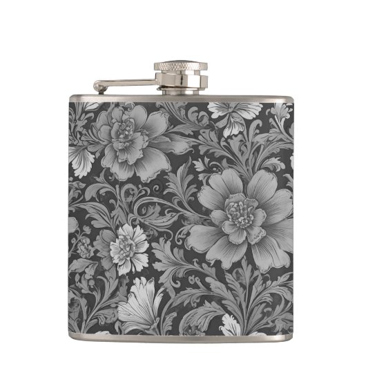 Monochromes Vintage-Blumenmuster Flachmann (Vorderseite)