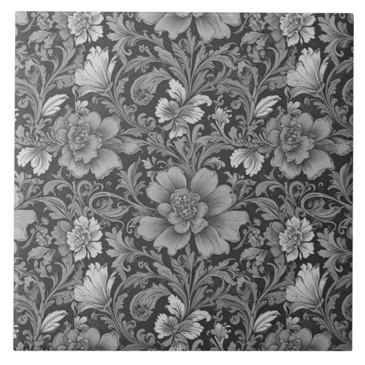 Monochromes Vintage-Blumenmuster Fliese (Vorderseite)