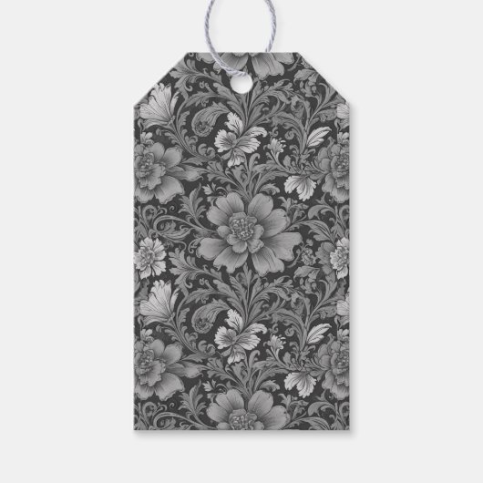 Monochromes Vintage-Blumenmuster Geschenkanhänger (Vorderseite)