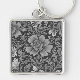 Monochromes Vintage-Blumenmuster  Schlüsselanhänger