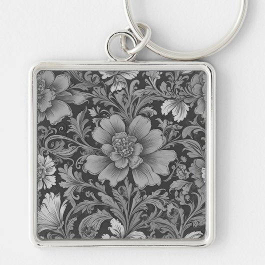 Monochromes Vintage-Blumenmuster Schlüsselanhänger (Vorne)