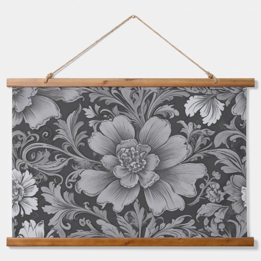 Monochromes Vintage-Blumenmuster Wandteppich Mit Holzrahmen (Vorne)