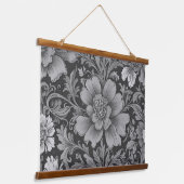 Monochromes Vintage-Blumenmuster Wandteppich Mit Holzrahmen (Gewinkelt)
