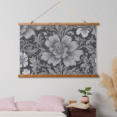 Monochromes Vintage-Blumenmuster Wandteppich Mit Holzrahmen (Schlafzimmer)