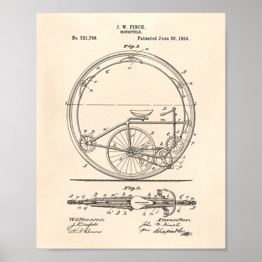 Monocycle 1894 Patent Art Old Peper Poster (Vorne)