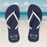 Monografie der Hochzeiten von Navy und Green Badesandalen<br><div class="desc">Maßgeschneiderte gedreht Flop-Sandalen personalisiert mit einem niedlichen Herz und Ihre Monogramm-Initialen und Hochzeitstermin. Klicken Sie auf Anpassen,  um Schriftart und Farben zu ändern oder eigene Bilder hinzuzufügen,  um ein einzigartiges Design zu erstellen!</div>