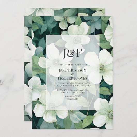 Monografie der Hochzeitsfeier mit weißer Blüte Einladung (Vorne/Hinten)