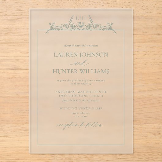 Monografische Hochzeit der grünen Blumenbrille Acryleinladungen (Vorderseite)