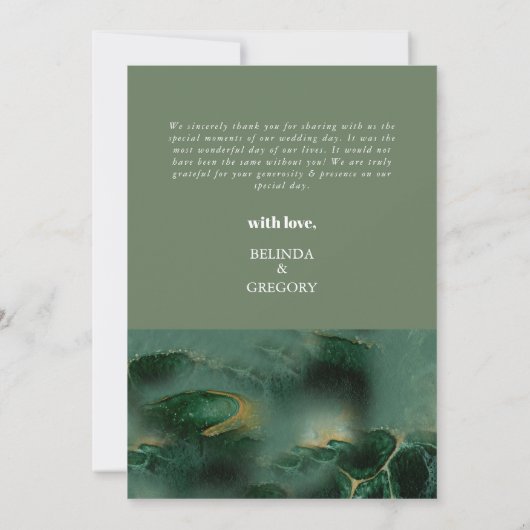 Monografische Hochzeit der modernen grünen Marmorp Dankeskarte (Rückseite)