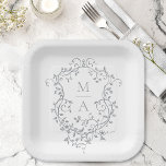 Monografische Hochzeit des grauen klassischen Wapp Pappteller<br><div class="desc">Eleganter französischer viktorianischer grauer Blumenzettel. Für eine weiter gehende Anpassung dieses Designs klicken Sie bitte auf die Schaltfläche "DESIGN TOOL" oben!</div>