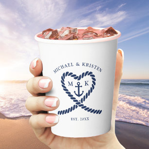 Monografische Hochzeit des Nautic Blue Rope Heart Pappbecher