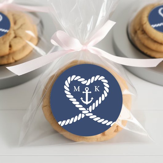 Monografische Hochzeit des Nautic Blue Rope Heart Runder Aufkleber