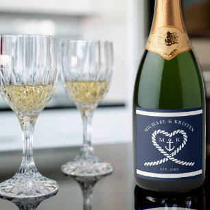 Monografische Hochzeit des Nautic Blue Rope Heart Schaumweinetikett