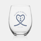 Monografische Hochzeit des Nautic Blue Rope Heart Weinglas Ohne Stiel (Vorderseite)