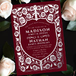 Monografische Hochzeit des Roten Schwertschilds Folieneinladung<br><div class="desc">Mit diesem Royal Sword & Shield Medieval Fantasy Monogram laden Sie Ihre Hochzeitsgäste ein. Dieses Design eignet sich perfekt für Paare, die eine authentische, aber moderne mittelalterliche Fantasy-Ästhetik suchen. Personalisieren Sie Text, Schriftart und Hintergrundfarbe, um Ihre Designeinstellungen Anzug zu erhalten. Matching Items in unserem Shop für ein komplettes Party Thema....</div>