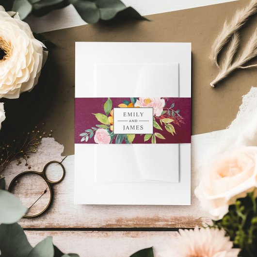 Monografische Hochzeit mit Burgund-Rustikal-Blush Einladungsbanderole