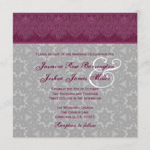 Monografische Hochzeit von Burgund und Gray Damask Einladung