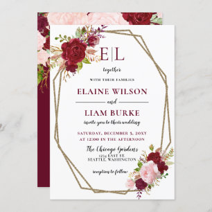 Monografische Hochzeit von Burgundy Blush Gold Flo Einladung