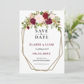 Monografische Hochzeit von Burgundy Blush Gold Flo Save The Date (Stehend Vorderseite)