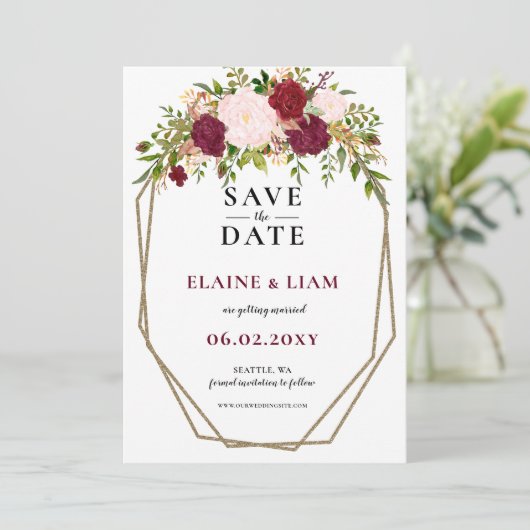 Monografische Hochzeit von Burgundy Blush Gold Flo Save The Date (Stehend Vorderseite)