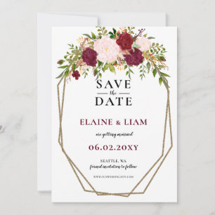 Monografische Hochzeit von Burgundy Blush Gold Flo Save The Date