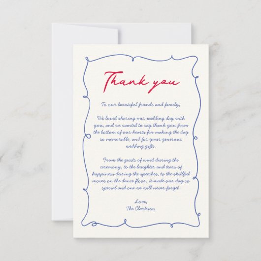 Monografische Hochzeit von Red & Blue Wavy Hand Dr Dankeskarte (Vorderseite)