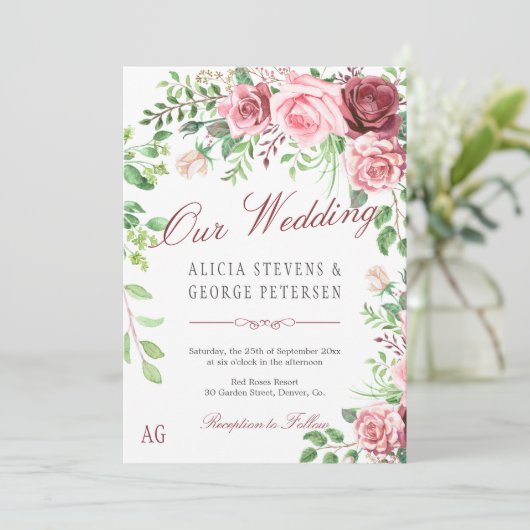 Monografische Hochzeit von Red Burgundy und Blush  Einladung (Stehend Vorderseite)