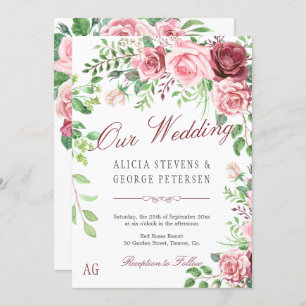 Monografische Hochzeit von Red Burgundy und Blush Einladung