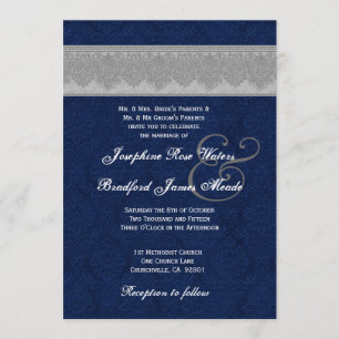 Monografische Hochzeit von Silber und Navy Damask Einladung