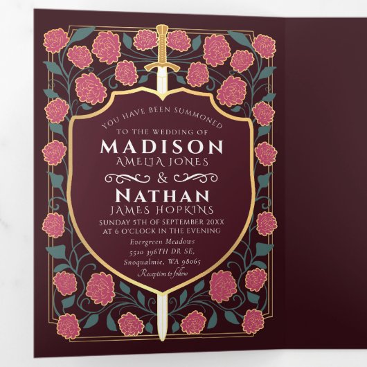 Monografische Hochzeit von Sword & Shield Dreifach Gefaltete Einladung (Innen Erste Seite)