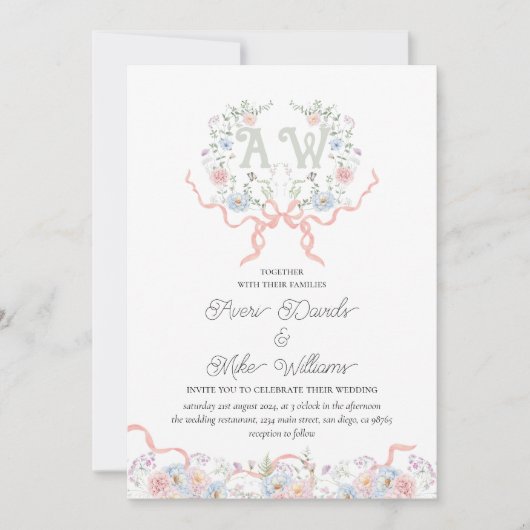 Monografische Hochzeit von Wappen-Wildblume Einladung (Vorderseite)