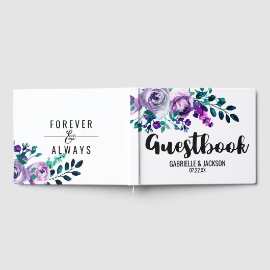 Monografische Hochzeitsmonographie mit Lila Blumen Gästebuch (Voll)