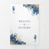 Monografische Navy-Ampere und QR-Code-Hochzeit Dreifach Gefaltete Einladung (Cover)