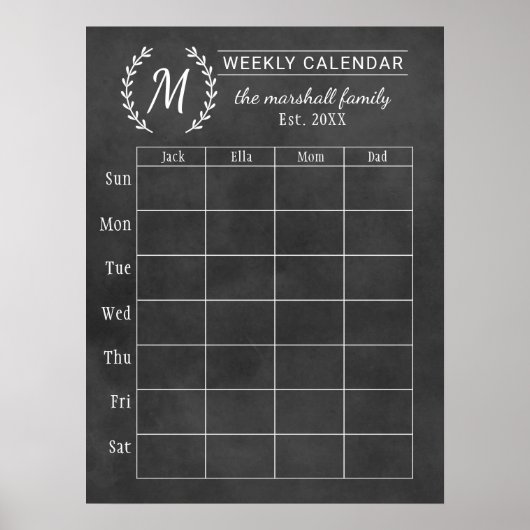 Monografischer Kalender der Chalkboard-Woche Poster (Vorne)