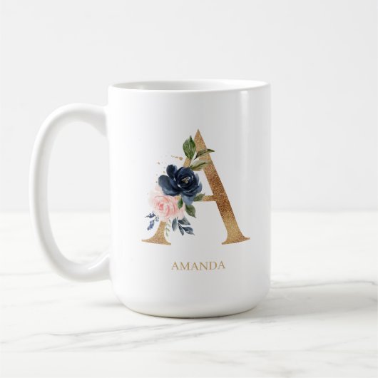 Monografischer Navy Blush Floral Letter "A" Person Kaffeetasse (Links)