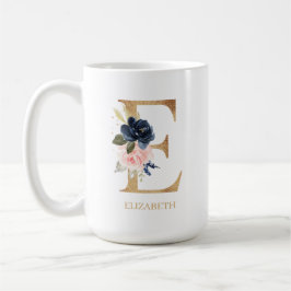 Monografischer Navy Blush Floral Letter "E" Person Kaffeetasse