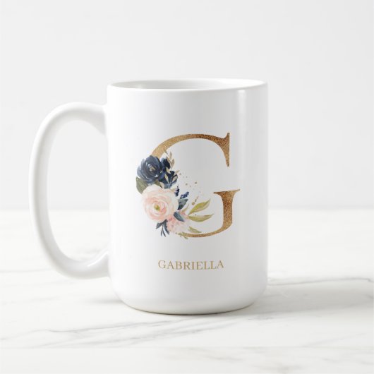 Monografischer Navy Blush Floral Letter "G" Person Kaffeetasse (Links)