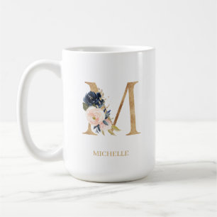Monografischer Navy Blush Floral Letter "M" Person Kaffeetasse