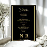 Monografisches Hochzeitessen nach Maß Probe<br><div class="desc">Stärken Sie sich mit unserem Black and Gold Wedding Monogram Empfang oder Verlobung Dinner Menu. Dieses exquisit gestaltete Menü eignet sich hervorragend, um Ihren Hochzeitsempfang, Ihr Abendessen bei der Probe oder Ihre Verlobungsfeier mit einer Touch von Luxus und Personalisierung zu bereichern. Mit einer raffinierten Farbpalette in Schwarz und Gold strahlt...</div>
