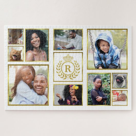 Monogram 10 Foto Collage Gold Laurel Royal Crown Puzzle (Horizontal)