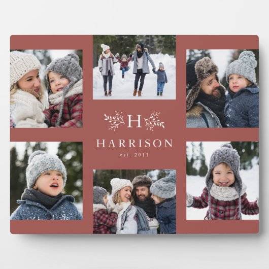 Monogram 6 Foto Collage Familienname staubige Rose Fotoplatte (Vorderseite)