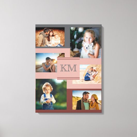 Monogram 6 Foto Collage on Maroon Pink and Gray Leinwanddruck (Vorderseite)
