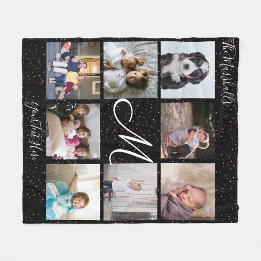 Monogram 8 Foto Collage farbenfroh Confetti Black Fleecedecke (Vorderseite (Horizontal))
