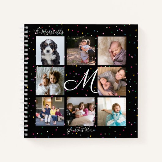 Monogram 8 Foto Collage farbenfroh Confetti Black Notizblock (Vorderseite)