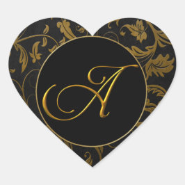Monogram A Gold and Black Damask Wedding Siegel Herz-Aufkleber