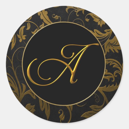 Monogram A Gold and Black Damask Wedding Siegel Runder Aufkleber (Vorderseite)