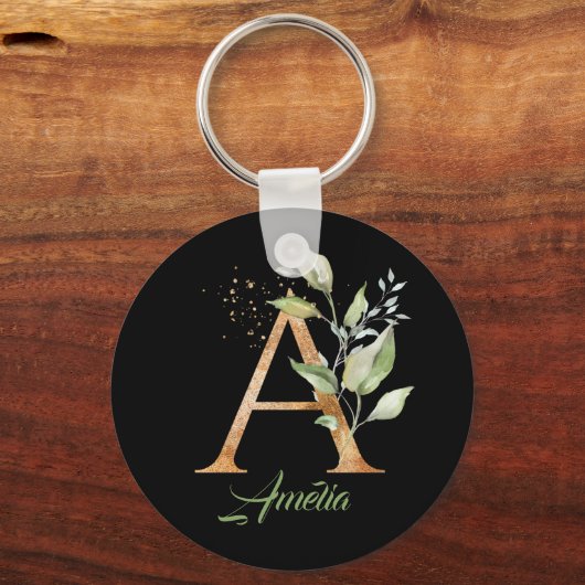 Monogram A green eucalyptus Imitate gold-schwarz K Schlüsselanhänger (Vorderseite)