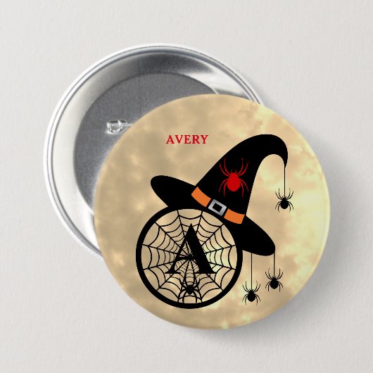 Monogram A Halloween Sky Hexenspinnen Name Button (Vorne & Hinten)