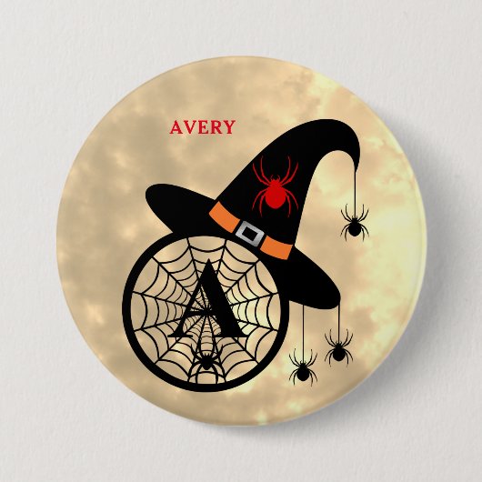 Monogram A Halloween Sky Hexenspinnen Name Button (Vorderseite)